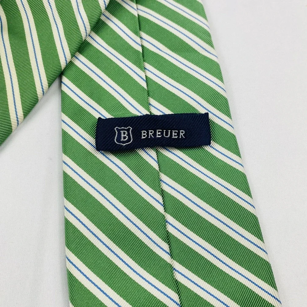 DORMEUIL Paris Green White‎ Striped Pure Silk Tie Size 3.75